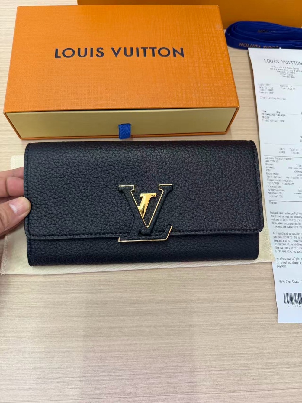 Louis Vuitton Black Leather Continental Wallet with Gold LV Emblem